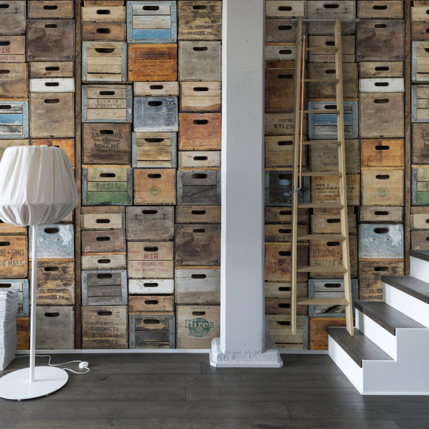 Tapet cutii vintage, design industrial urban, cutii din lemn, aspect eclectic, texturi autentice, tonuri calde