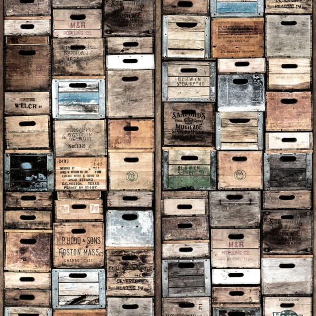 Tapet cutii vintage, design industrial urban, cutii din lemn, aspect eclectic, texturi autentice, tonuri calde