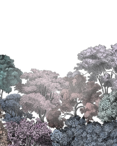 Tapetă Bellewood, Rainbow, cu design unic de pădure ilustrează o colecție de copaci întâlniți în pădure, cu o paletă de culori naturale.