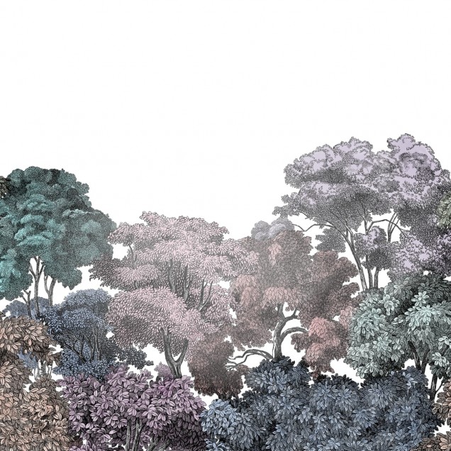 Tapetă Bellewood, Rainbow, cu design unic de pădure ilustrează o colecție de copaci întâlniți în pădure, cu o paletă de culori naturale.
