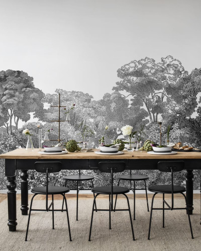 Tapet Bellewood Black Toile, design minimalist cu copaci si frunze, in nuante de gri.