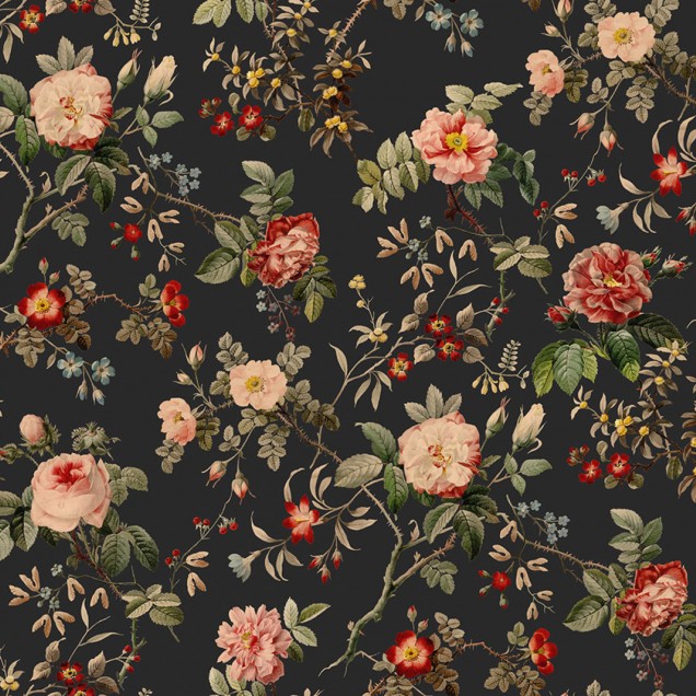 Tapet floral Thorn Rose cu trandafiri pe un fundal închis.