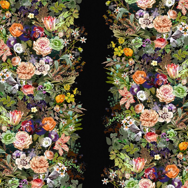 Tapet floral cu flori delicate si vibrante, cu fundal negru.
