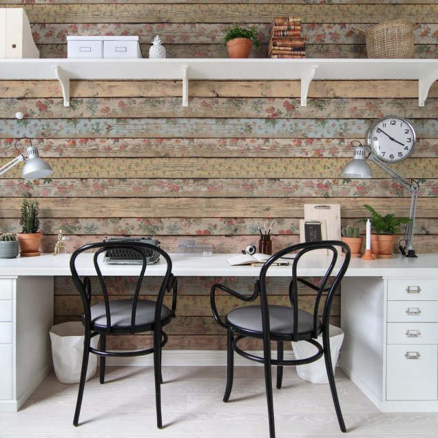 Tapet 3D Wall Garden, aspect realist lemn cu detalii florale