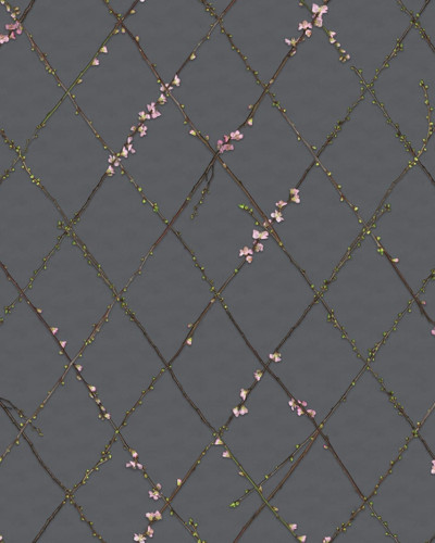 Fototapet floral Winding Spring, Black, cu model geometric și ramuri de flori delicate, ideal pentru dormitor sau camera de zi.