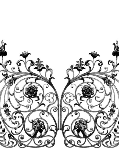 Tapet cu design vintage, cu o poarta din fier forjat si flori.