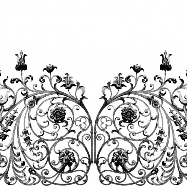 Tapet cu design vintage, cu o poarta din fier forjat si flori.