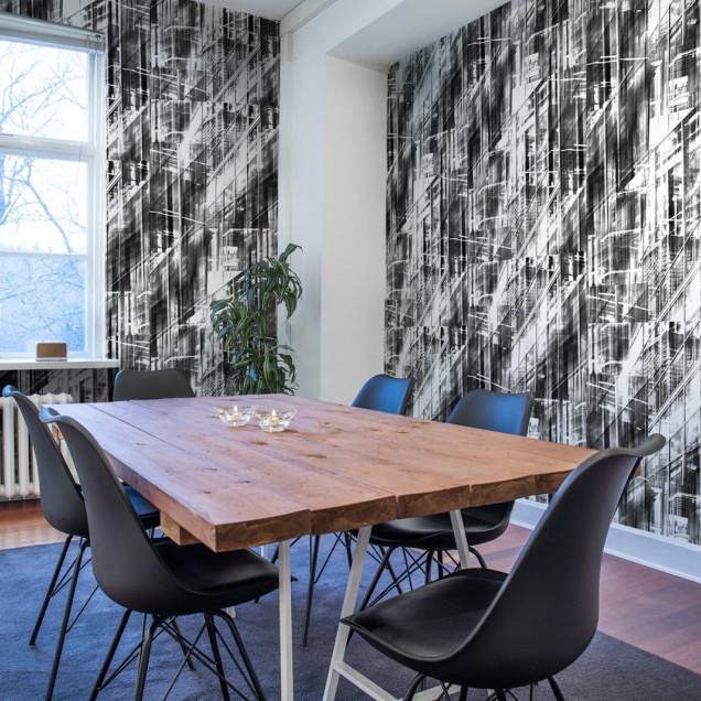 Wallpaper abstract Neon City, Black, cu design urban in tonuri de gri si negru.