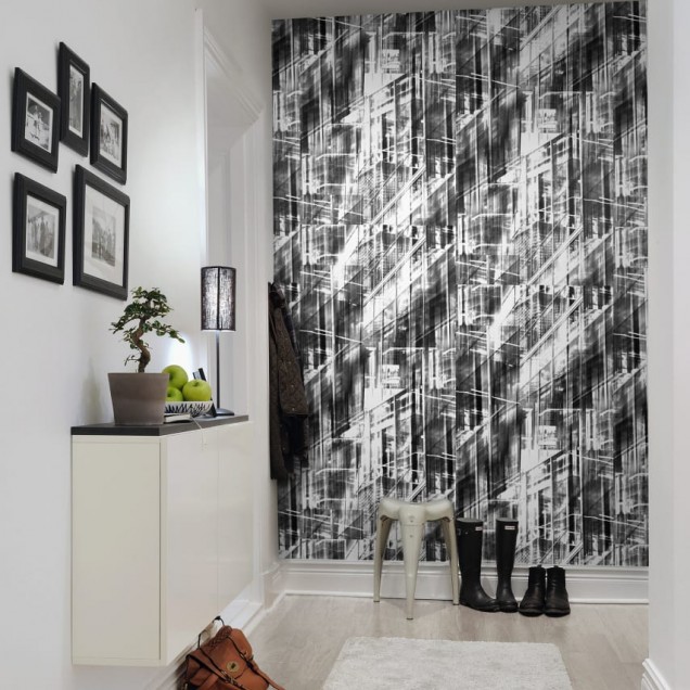 Wallpaper abstract Neon City, Black, cu design urban in tonuri de gri si negru.