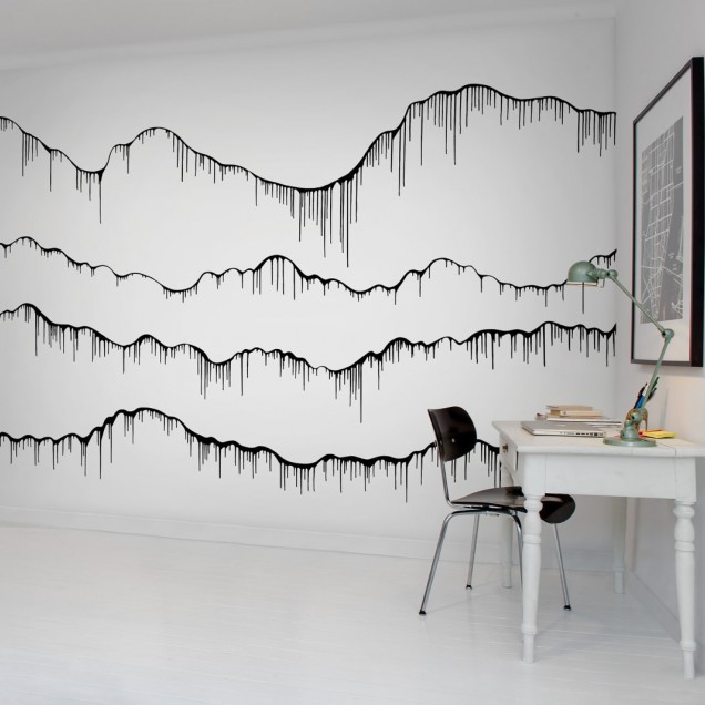 Tapet 3D cu design modern, efect de picături negre pe fundal alb