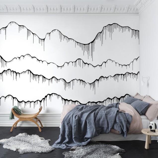 Tapet 3D cu design modern, efect de picături negre pe fundal alb