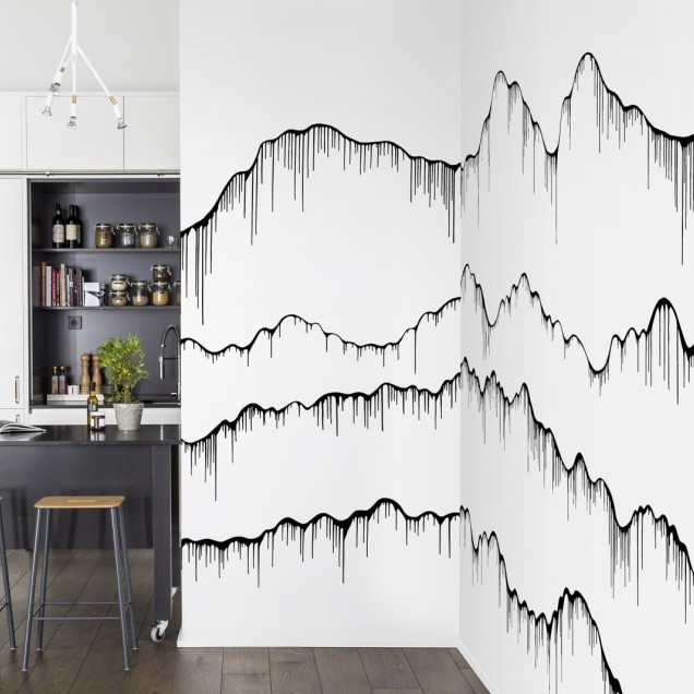 Tapet 3D cu design modern, efect de picături negre pe fundal alb
