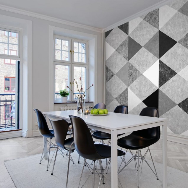 Tapet geometric abstract cu textura marmurei in culori gri, negru si alb