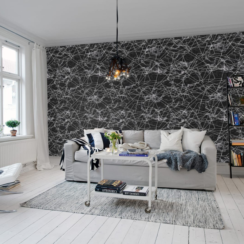 Tapet cu design geometric elegant, linii fine negre pe fond alb cu aspect de marmură