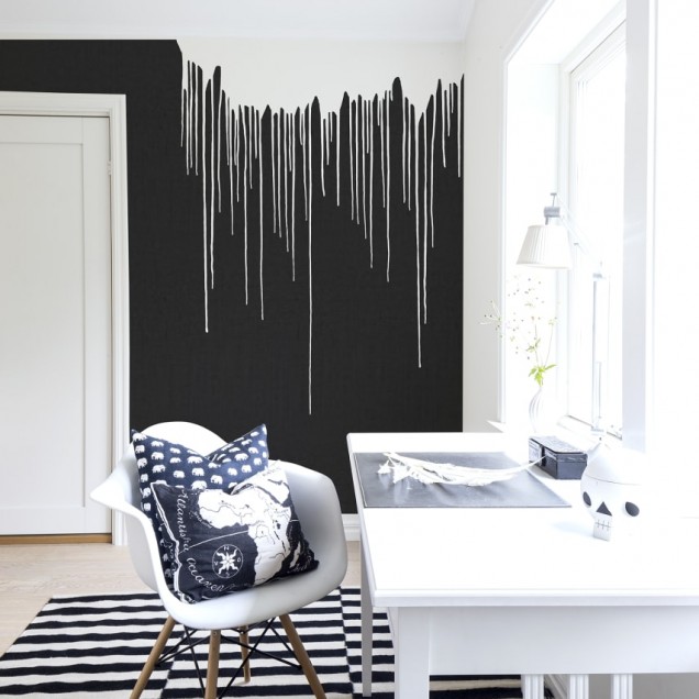 Tapet modern cu design minimalist, cu un fundal negru și picturi albe.