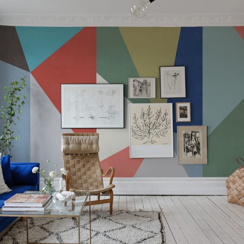Tapet geometric modern cu nuanțe vibrante de galben și verde turcoaz, perfect pentru a adăuga culoare și personalitate casei tale.