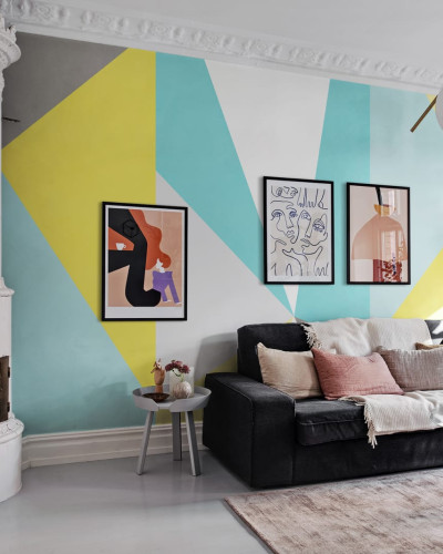 Tapet geometric modern cu nuanțe vibrante de galben și verde turcoaz, perfect pentru a adăuga culoare și personalitate casei tale.