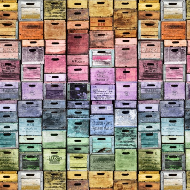 Tapet 3D cu design vintage, imagini cu cutii din lemn vechi, pictate în culori pastelate