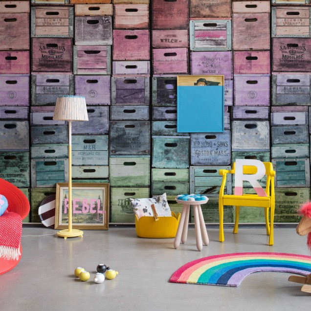 Tapet 3D cu design vintage, imagini cu cutii din lemn vechi, pictate în culori pastelate
