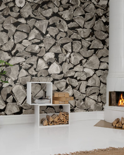 Tapet cu un design rustic modern, cu o stivă de lemne