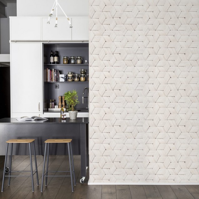 Tapet Birch Bark Braids White repetitiv cu un model geometric din scoarță de mesteacăn