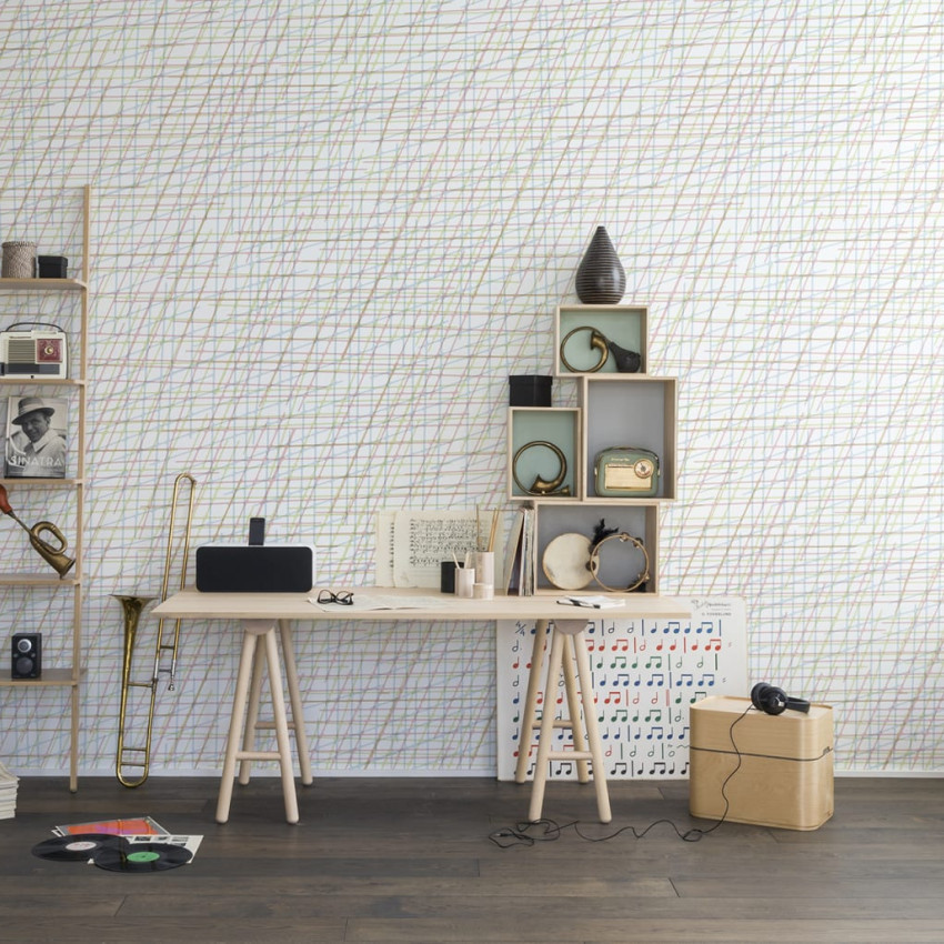 Tapet cu design minimalist, Note Sheets Baby Blue, in nuante de gri si albastru, perfect pentru camera copilului.