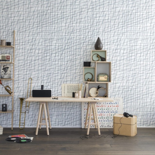 Tapet cu design minimalist, Note Sheets Baby Blue, in nuante de gri si albastru, perfect pentru camera copilului.