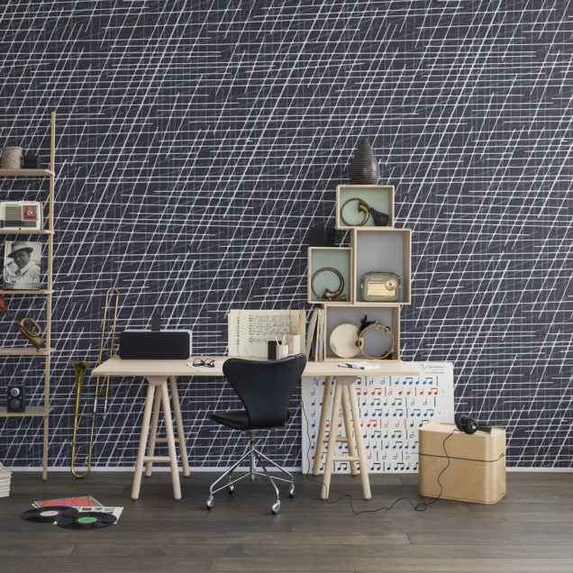 Tapet Note Sheets, Denim, repetitiv cu un design geometric abstract modern, linii curbe delicate, diverse nuanțe de albastru, fundal denim.