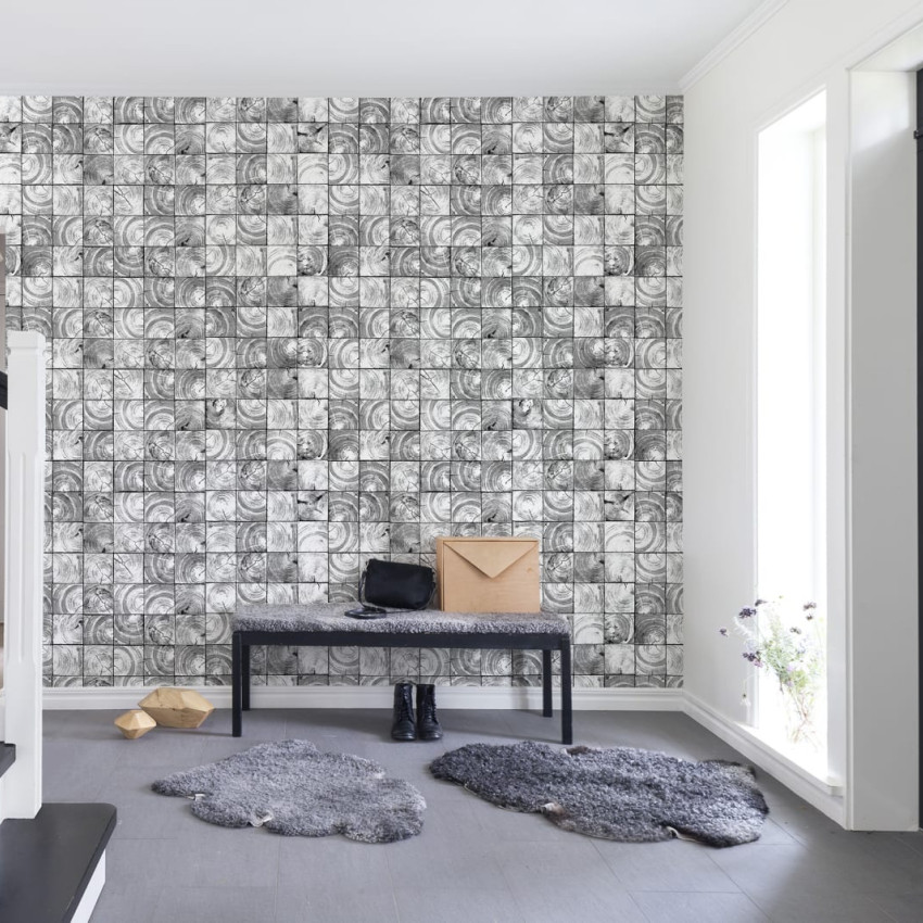 Tapet Age Rings, Green, cu model geometric in nuante de verde deschis, aplicat intr-un living modern.