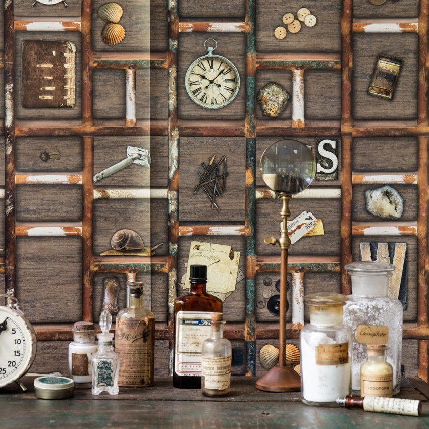 Tapet cu design The Memory Box - Light, cu o colecție eclectică de obiecte, perfect pentru living, dormitor sau birou