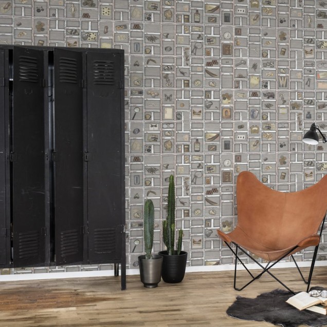Tapet cu design The Memory Box - Light, cu o colecție eclectică de obiecte, perfect pentru living, dormitor sau birou