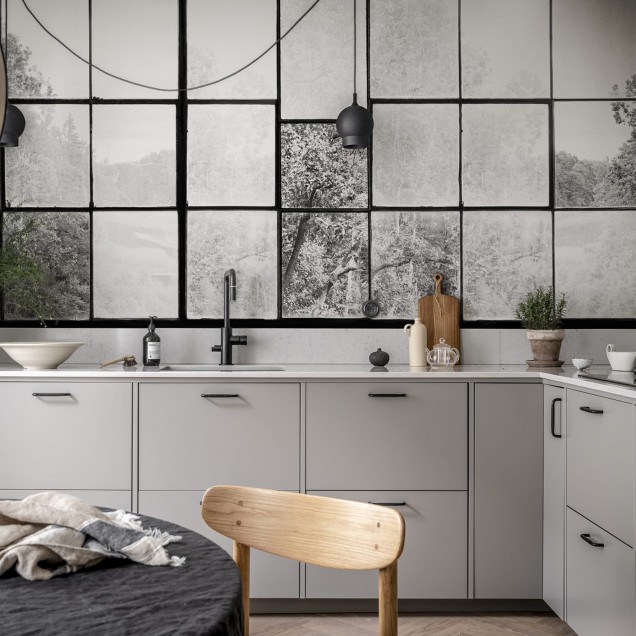 Tapet 3D Factory Window, Graphite, cu o vedere a unei păduri printr-un perete din sticlă, în tonuri de gri monocromatice.