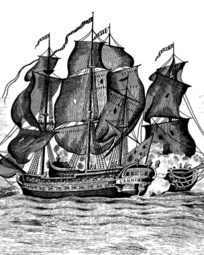 Tapet High Seas, negru, cu o grafică vintage cu o flotă de corăbii care navighează prin valuri, perfect pentru a crea un decor nautic, modern.