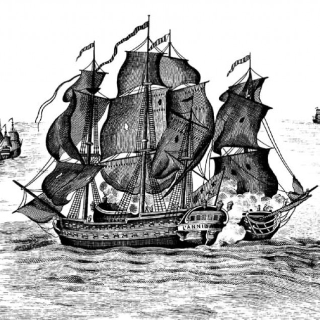 Tapet High Seas, negru, cu o grafică vintage cu o flotă de corăbii care navighează prin valuri, perfect pentru a crea un decor nautic, modern.
