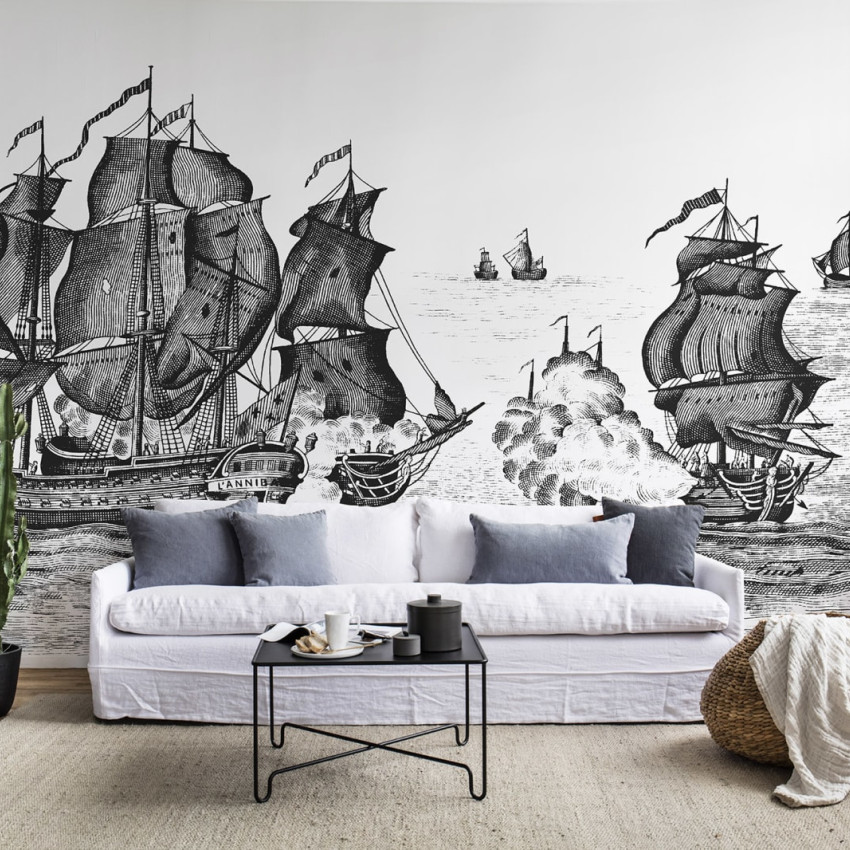 Tapet cu nave pe mare, decor clasic si elegant, ideal pentru dormitorul copiilor, living sau birou.