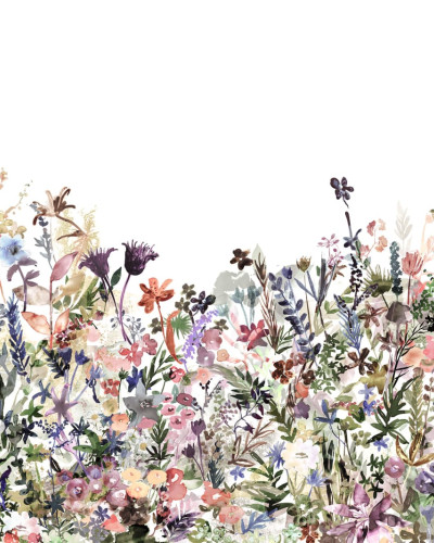 Tapet floral pastelat May Meadow cu flori delicate pe fundal alb.