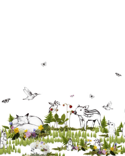 Tapet cu iepurași și păsărele într-o pădure magică