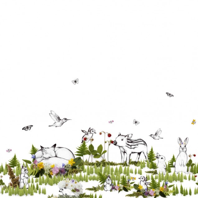 Tapet cu iepurași și păsărele într-o pădure magică