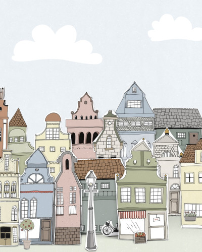Tapet London Houses, Summer, cu design unic, pictat cu case si nori.