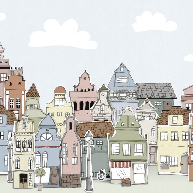 Tapet London Houses, Summer, cu design unic, pictat cu case si nori.