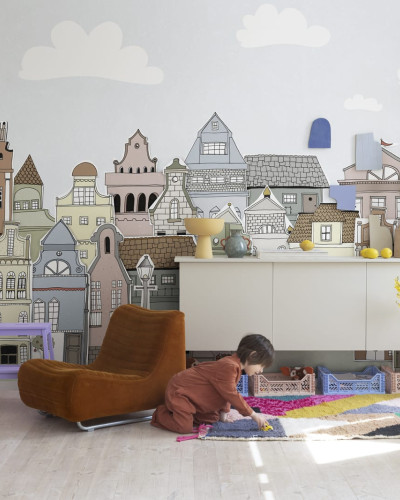 Tapet London Houses, Summer, cu design unic, pictat cu case si nori.