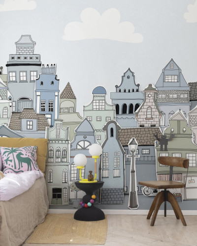 Tapet cu un design minunat reprezentând case din Londra, pe un fundal albastru deschis. Perfect pentru a decora un dormitor pentru copii, o cameră de joacă sau un living.