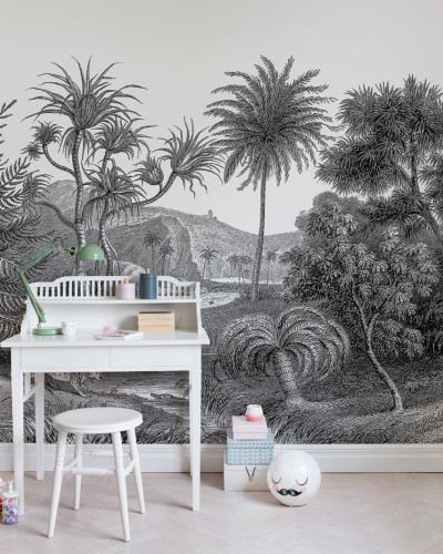 Fototapet cu peisaj de junglă în alb și negru, stil artistic