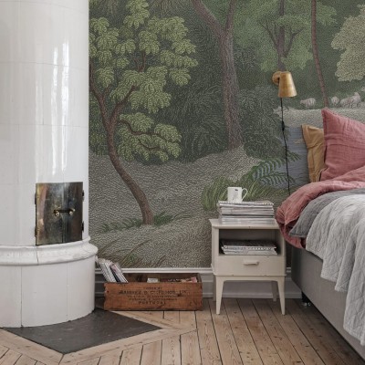 Tapet Jungle Land, cu design natural, cu verdeață, copaci și oile care pasc