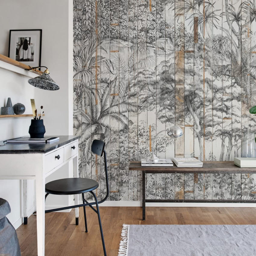 Tapet cu design minimalist cu frunze si copaci, perfect pentru un living sau dormitor.