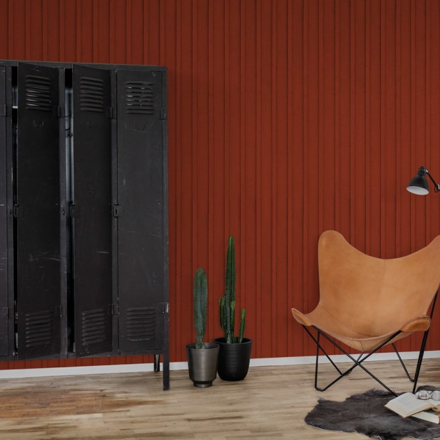 Tapet cu aspect industrial, in nuante de roșu, cu linii verticale și un design modern.