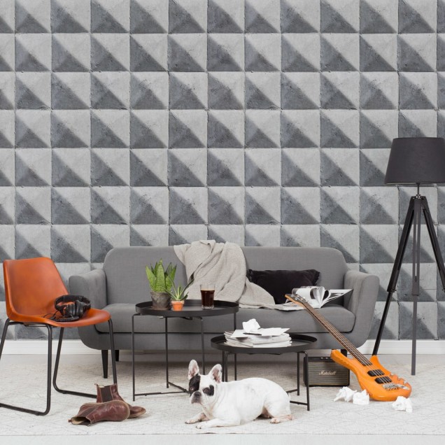 Tapet geometric modern cu triunghiuri și pătrate, în nuanțe de gri.