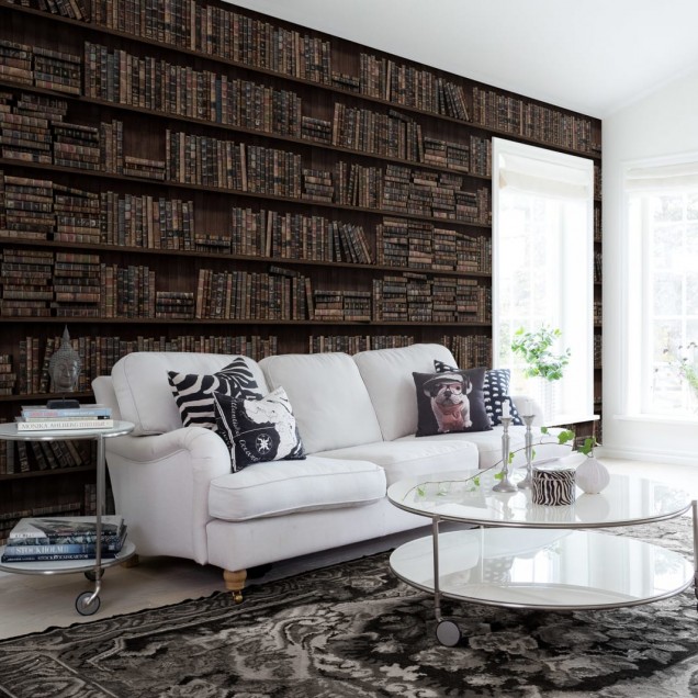 Tapet cu design vintage, biblioteca plina cu carti vechi