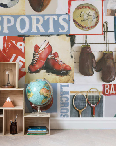 Tapet Sports Junkie Rebel Walls, cu design artistic retro, pentru o cameră de joacă sau dormitor.