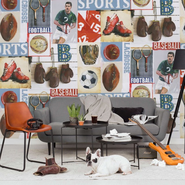 Tapet Sports Junkie Rebel Walls, cu design artistic retro, pentru o cameră de joacă sau dormitor.